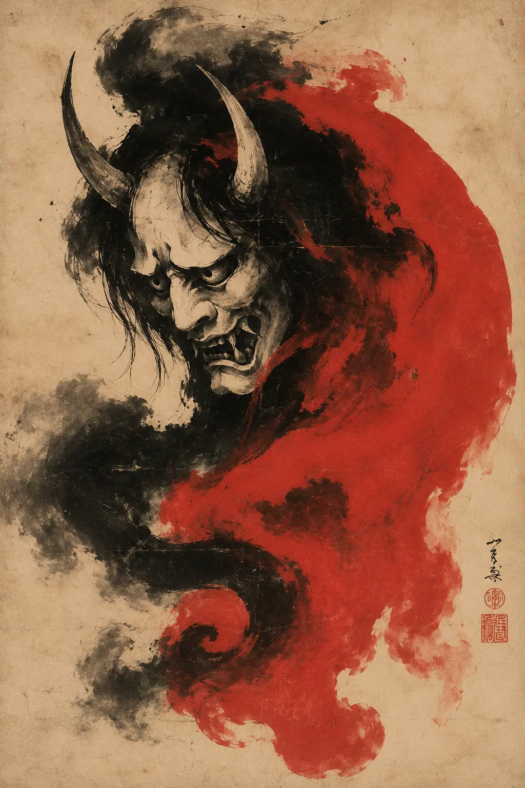 Hannya demon in crimson smoke