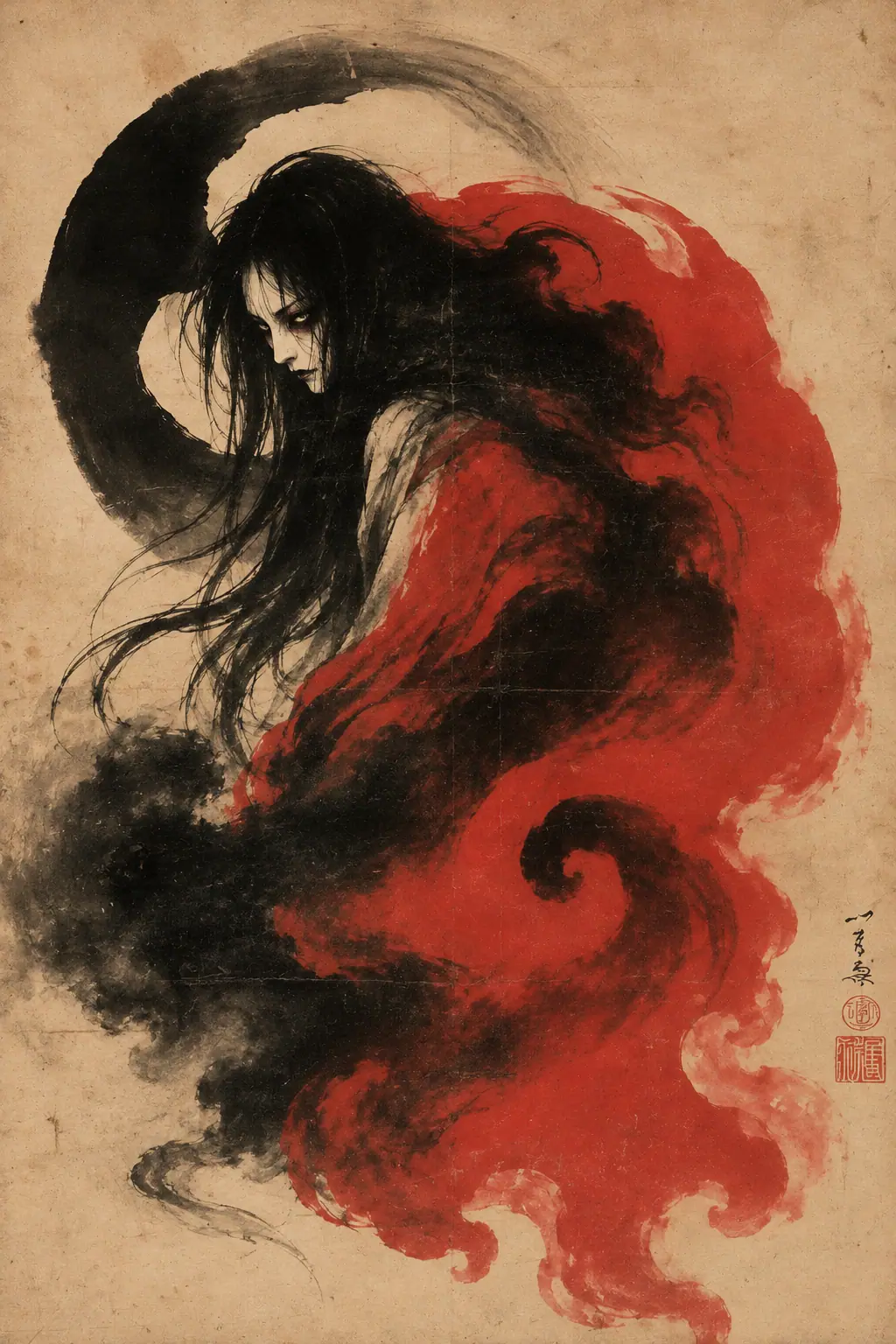 Onryō in red ink and smoke
