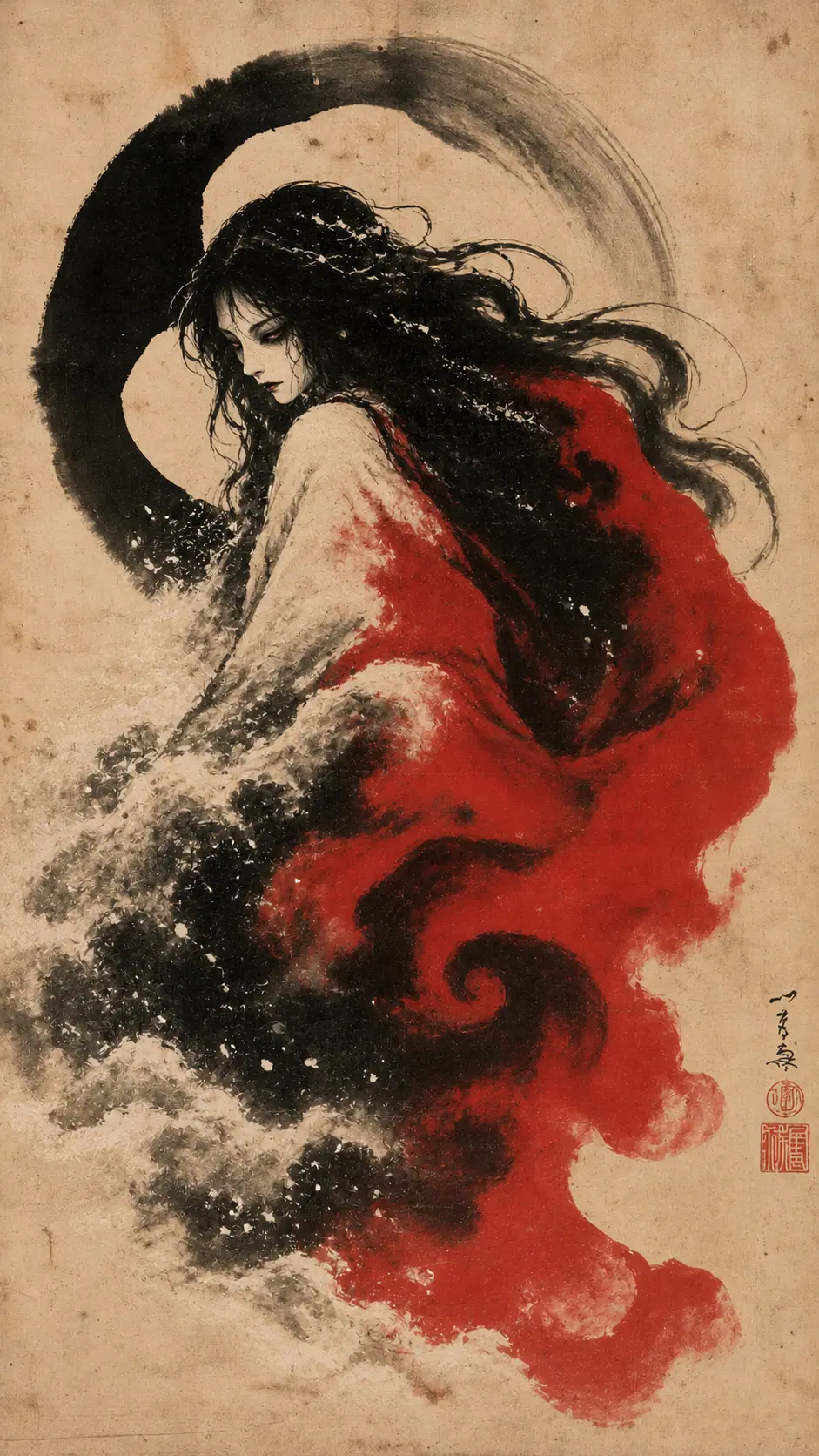 Yuki-onna in crimson ink and snow