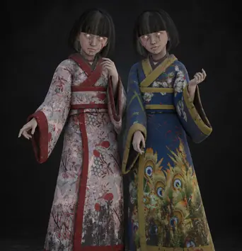 Zashiki-warashi, twin girls in kimonos standing in the dark