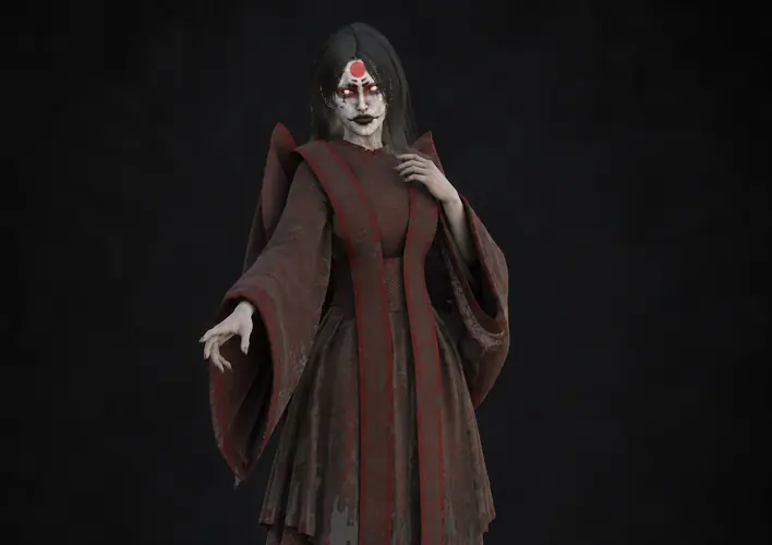 Bake-neko concept: a pale spirit with a red mark on her brow, in tattered crimson robes