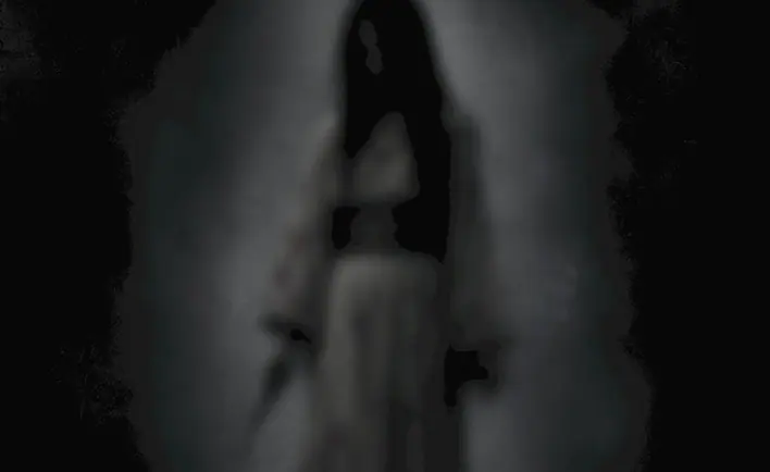 Concept art of Kuchisake-onna: a long-haired woman in white emerging from fog