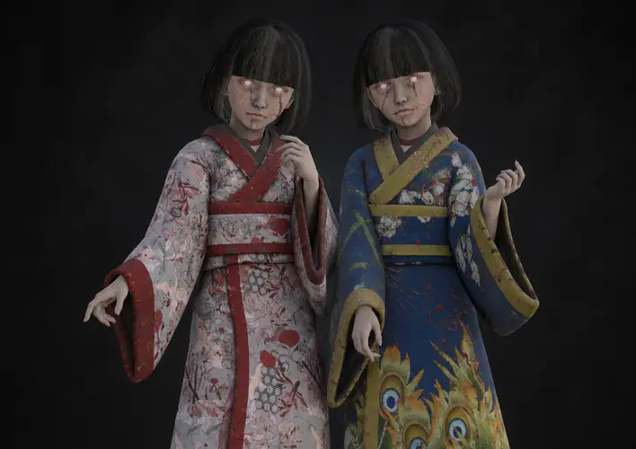Zashiki-warashi concept: twin girls in floral kimonos standing in the dark