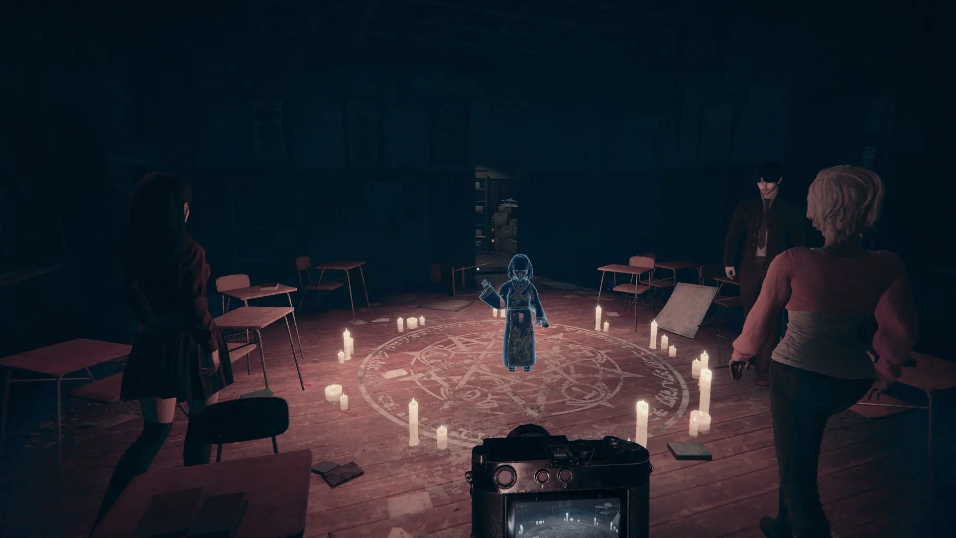 Four investigators gather around a ring of candles in a dark room.