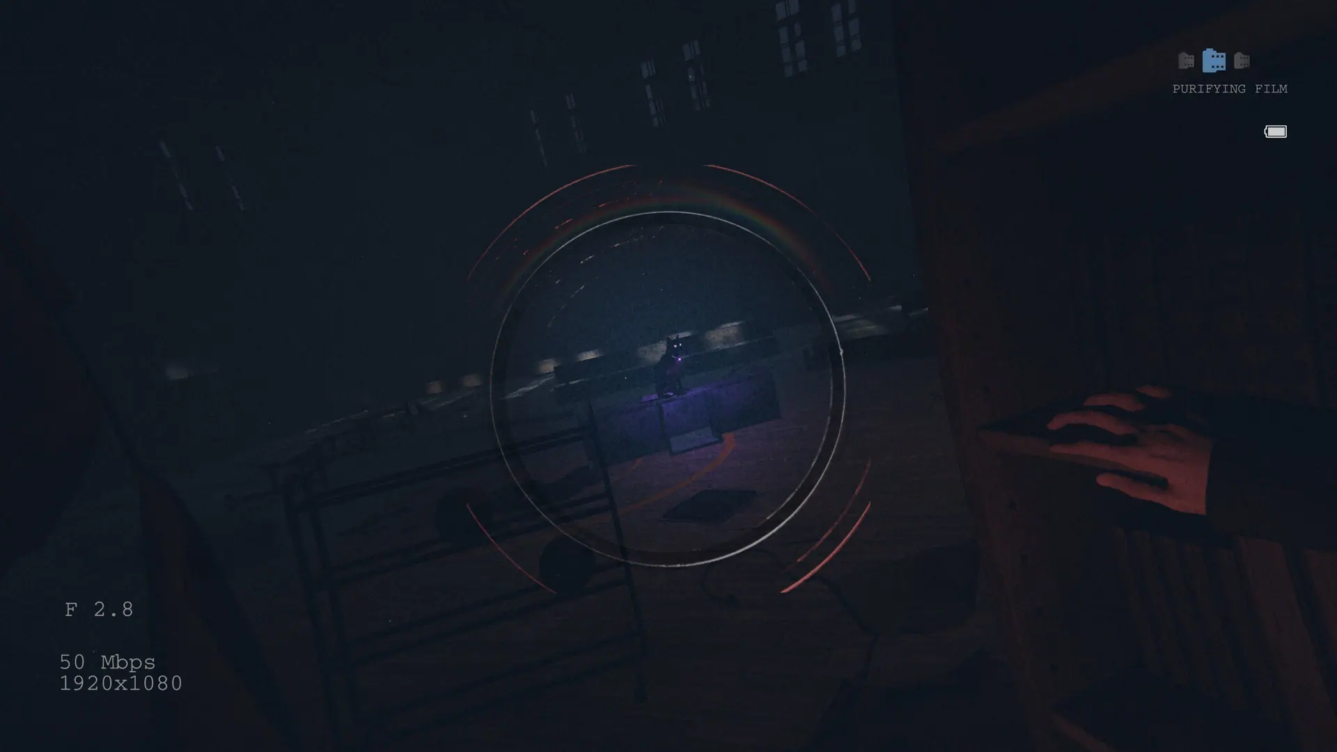 A dark storeroom seen through the Soul Collector camera viewfinder.