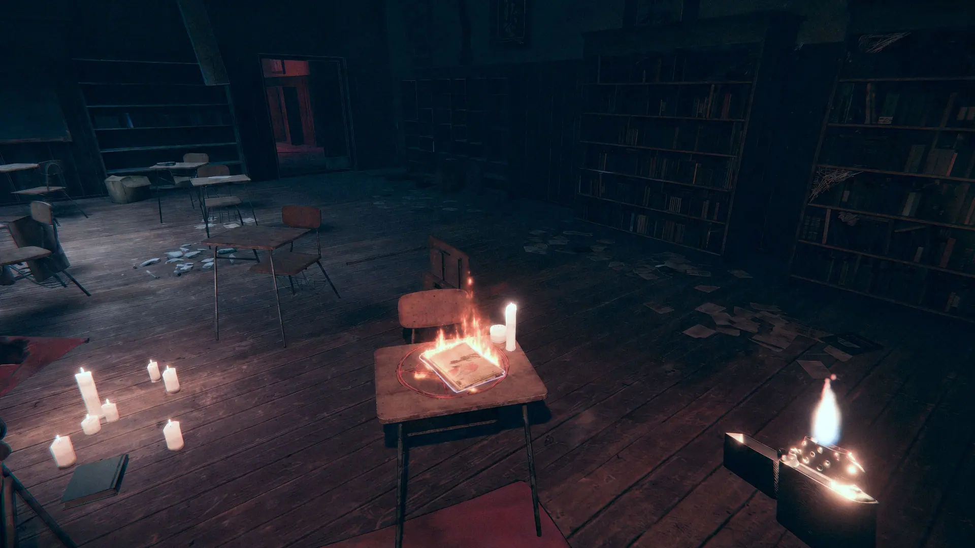 Candles burn on the desks of an abandoned classroom.